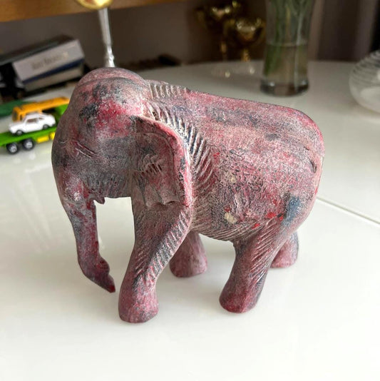 Carved Wooden Elephant Figurine Red Finish 1970s