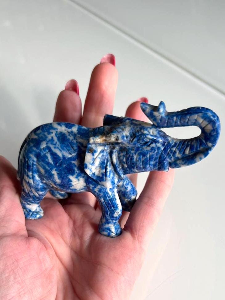 Lapis Lazuli Elephant Figurine Hand Carved 1970s