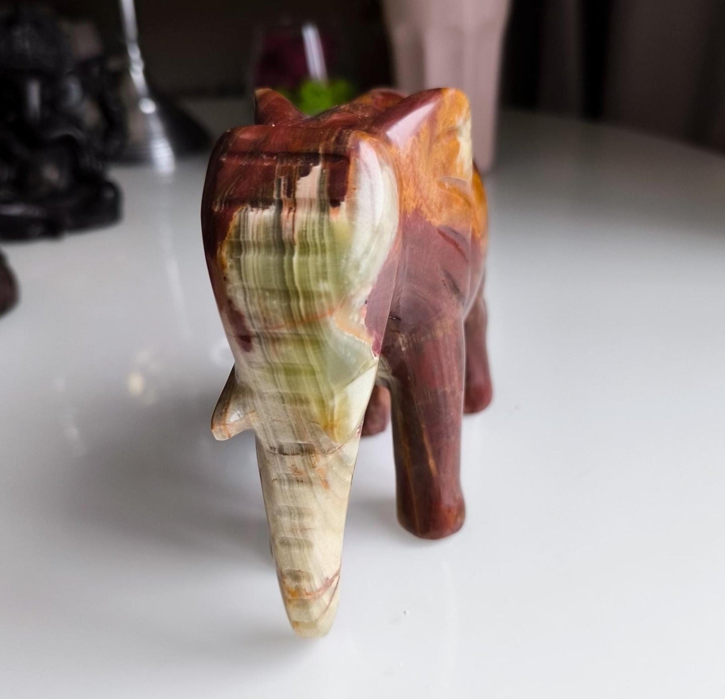 Vintage Handcrafted Onyx Elephant Sculpture, Brown & Green Stone, 16 cm, 1980s
