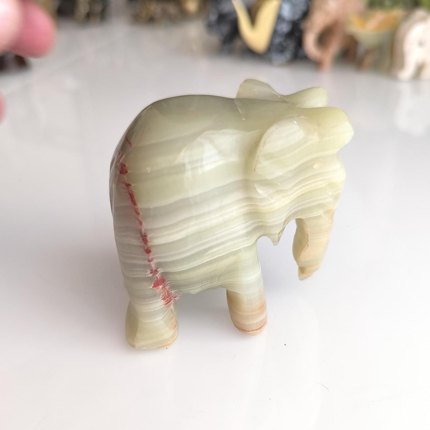 Handmade Heavy Light Green Onyx Elephant Statue with Gray Streaks, 1980s