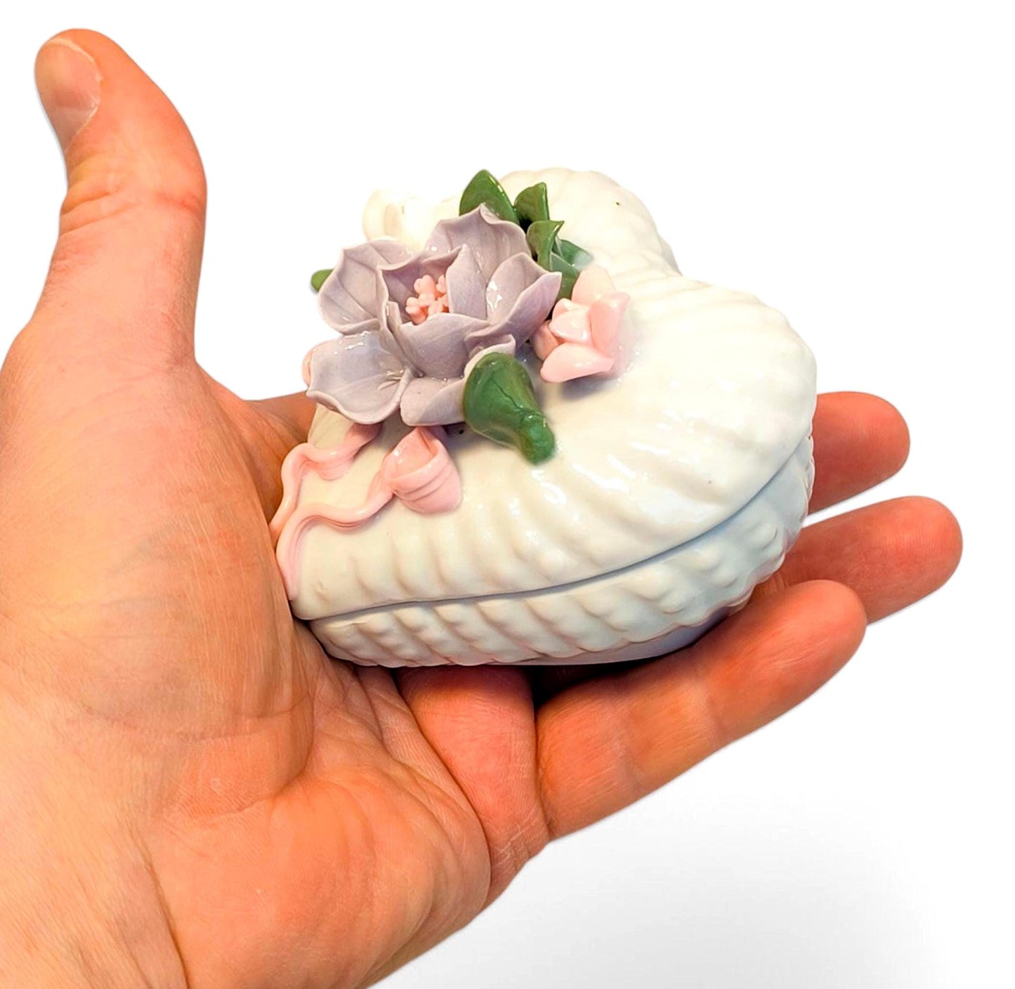 White Porcelain Heart-Shaped Trinket Jewelry Box with Flower, 1980s