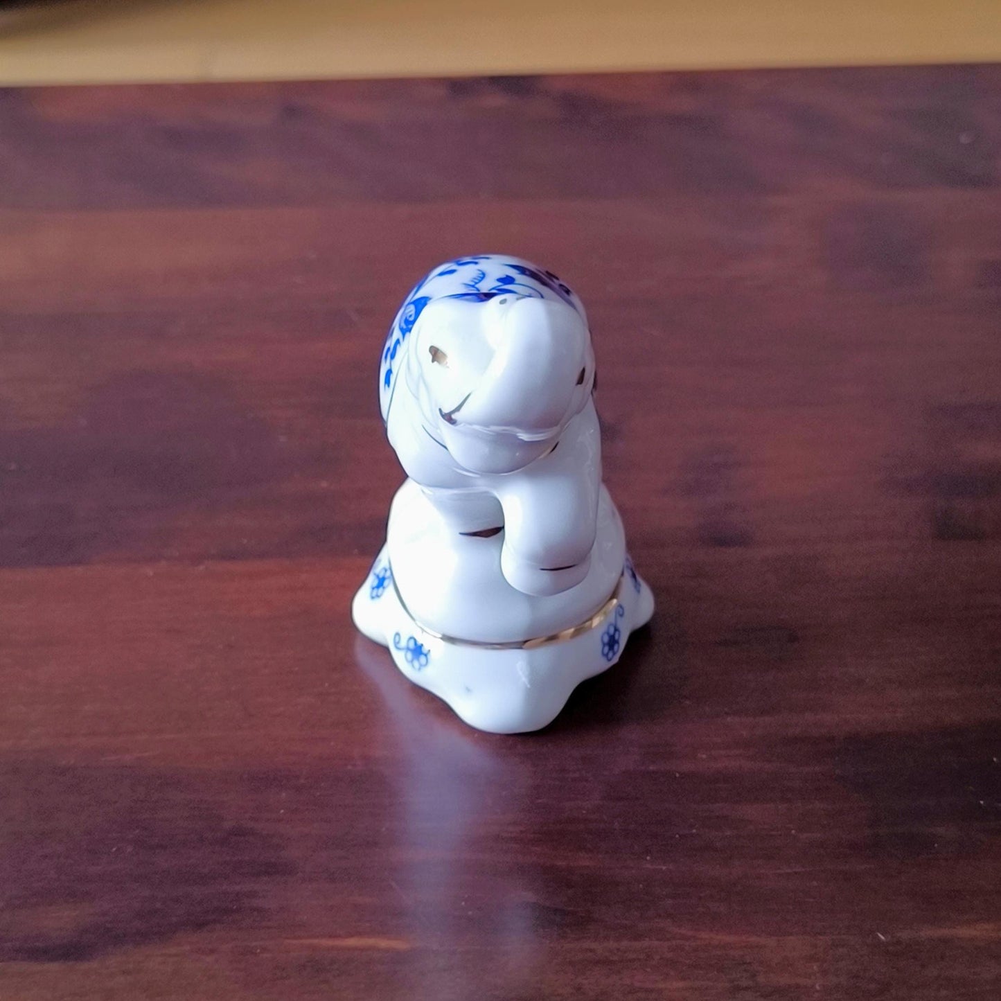 White Porcelain Elephant Figurine With Blue Flowers, Handmade 1970s