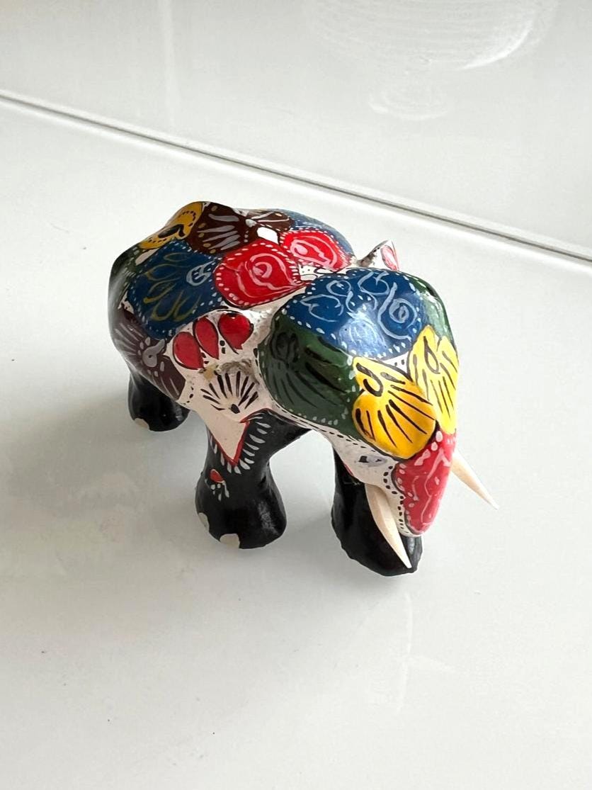 Hand Painted Wooden Elephant Figurine Ornament 1980s