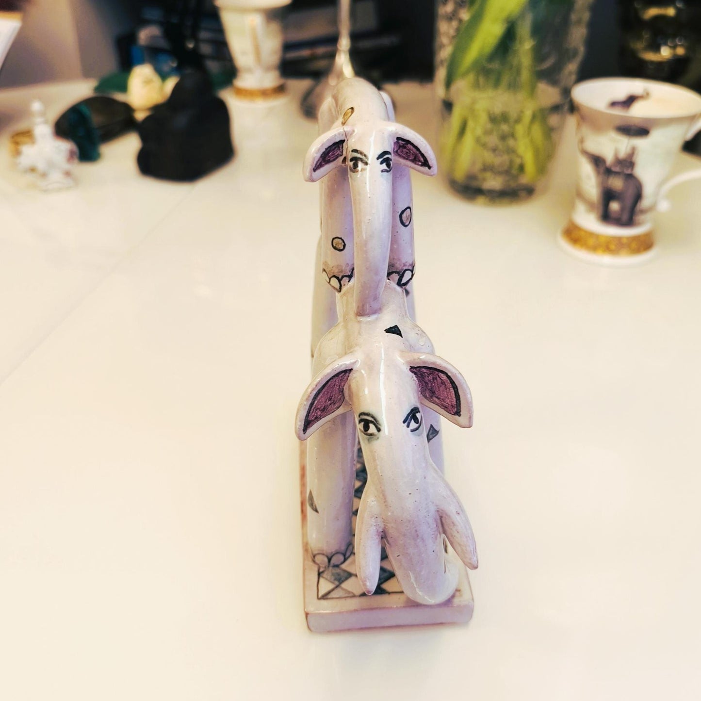 Two Stacked Ceramic Gray Elephants With Ornaments On Base 1970