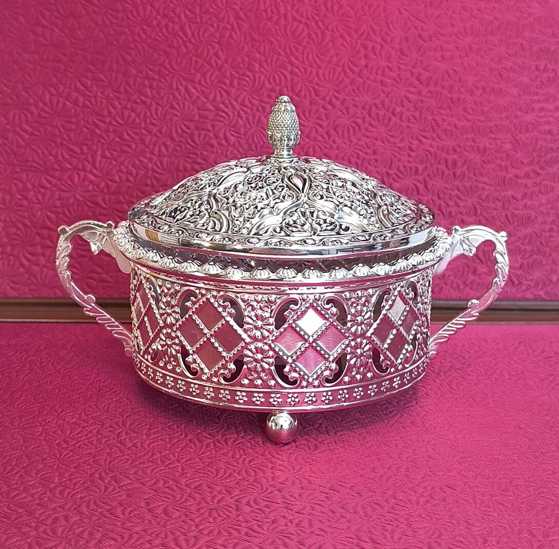 Silver Plated Sugar Bowl with Glass Insert: Asian Inspired