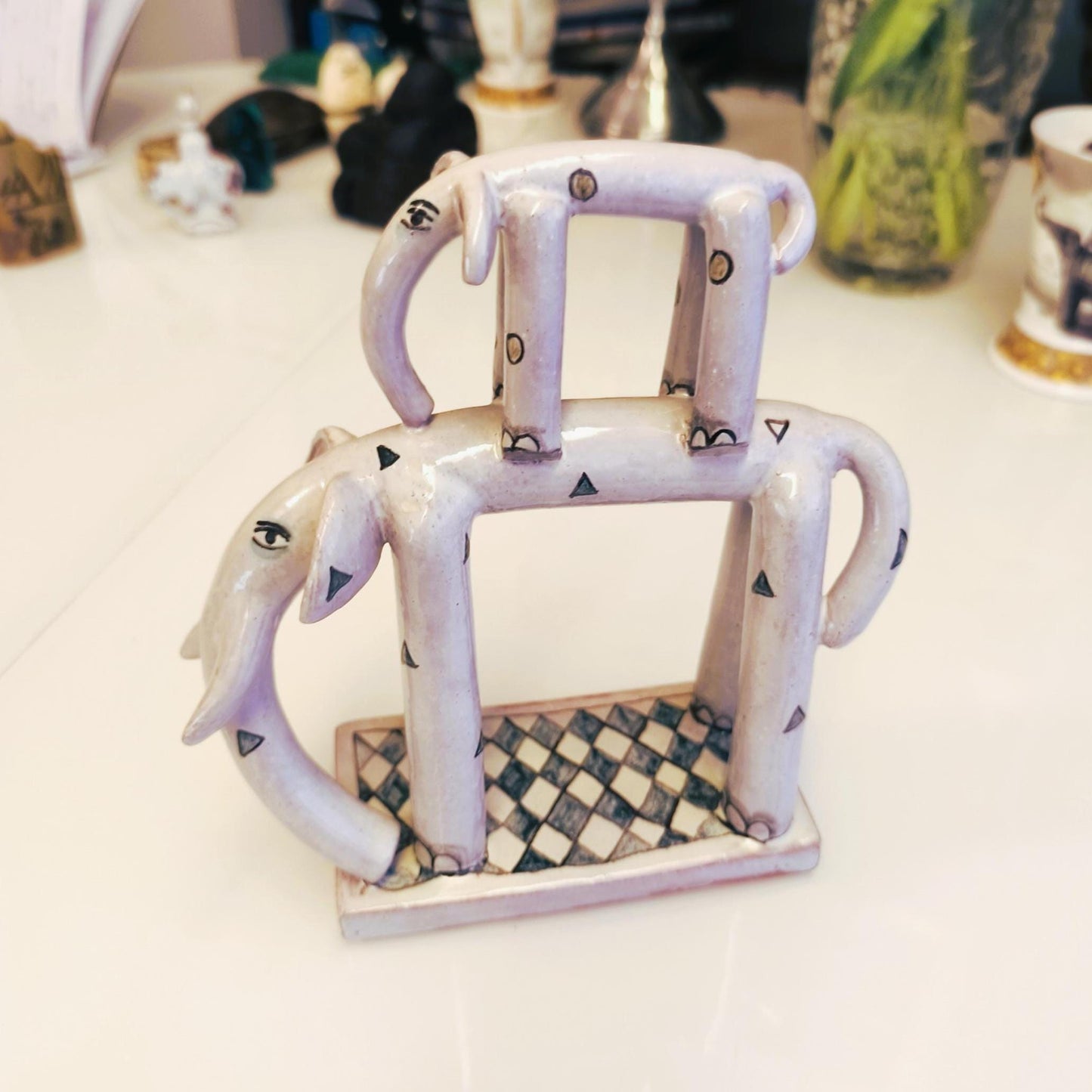 Two Stacked Ceramic Gray Elephants With Ornaments On Base 1970