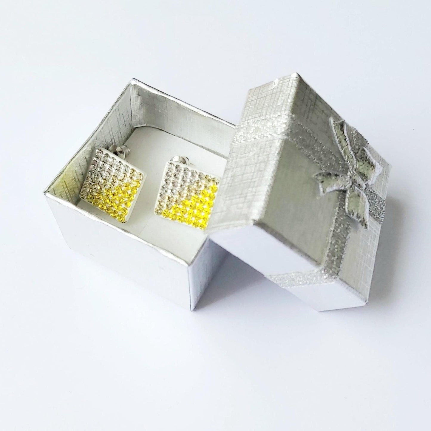 Vintage 2000s Ceramic Costume Jewelry Earrings, Two-Triangle Mosaic with White & Yellow Crystals