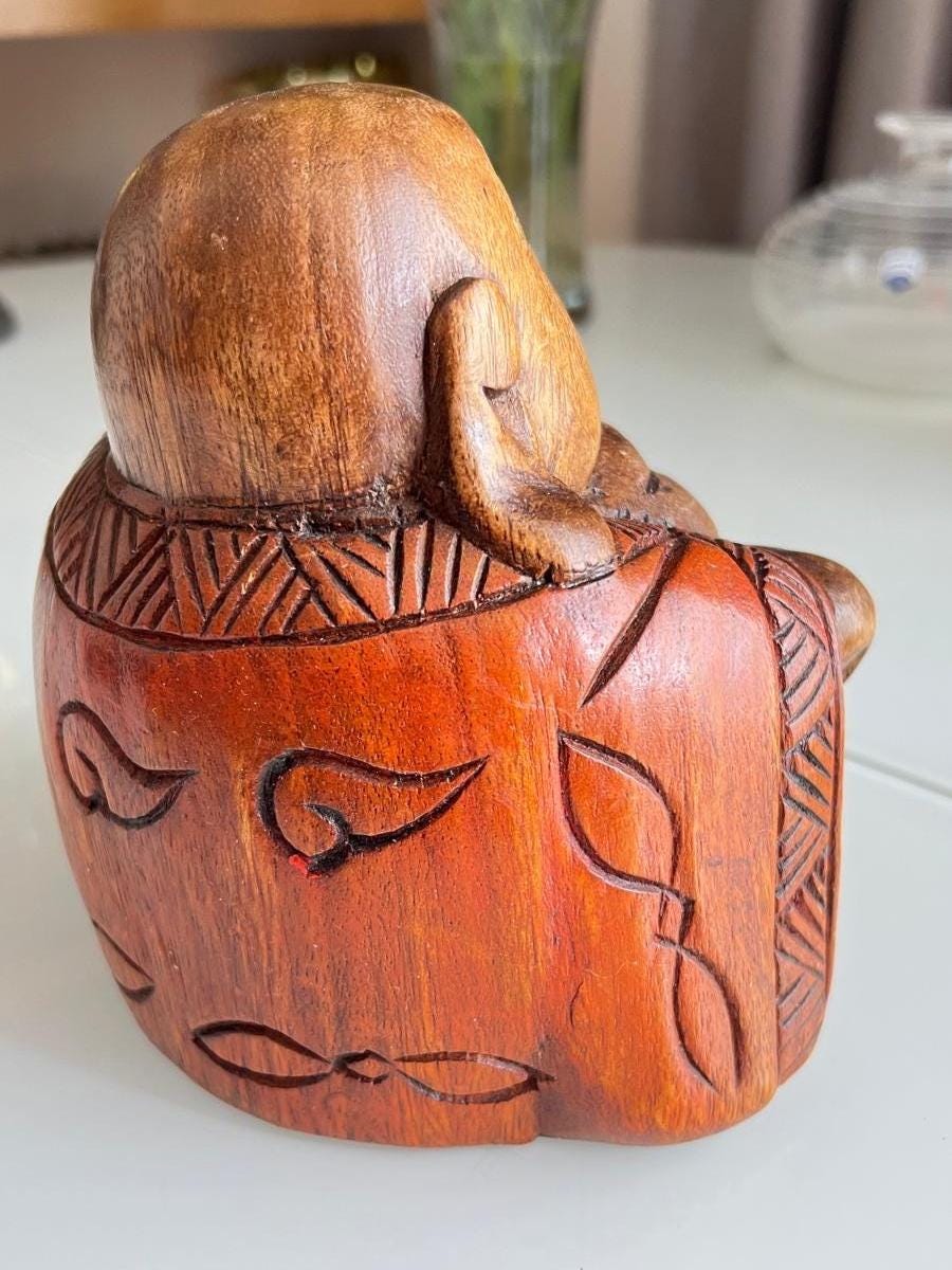 Brown Wood Sitting Buddha Hand-Carved Figurine 1980s