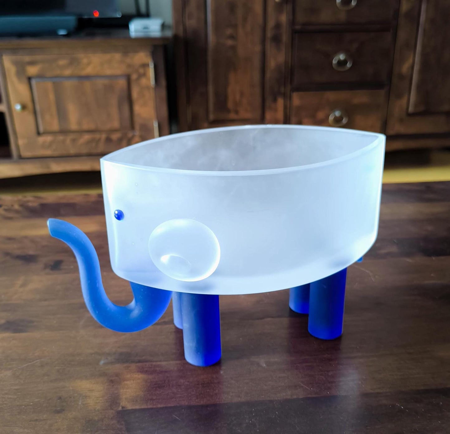 Borowski Sculptural Glass Elephant Bowl, Frosted & Blue, Collectible Art, 2000s