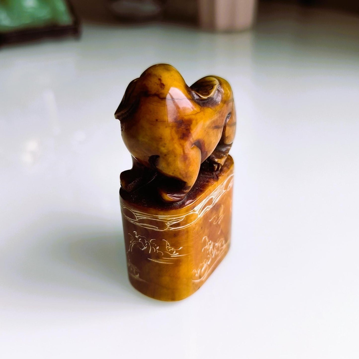 Brown Stone Elephant Stamp on Raised Stand with Carvings, Handmade 1960s