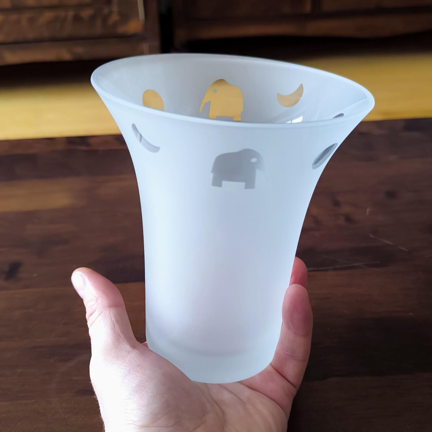 Frosted Glass Vase With Clear Elephant Motive, Postmodern 1980s.