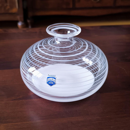 Murano Glass Round and Striped Vase 1980, Original Handmade Clear Crystal