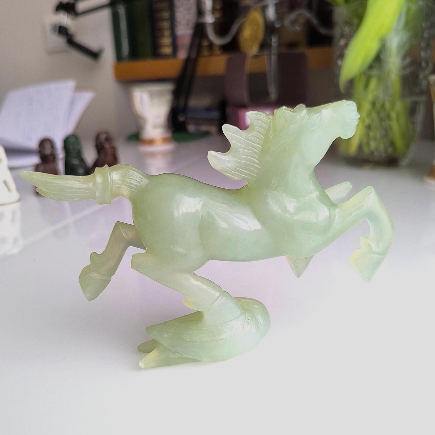 Handmade Light Green Jade Galloping Horse Statue on Bird Base, 1970