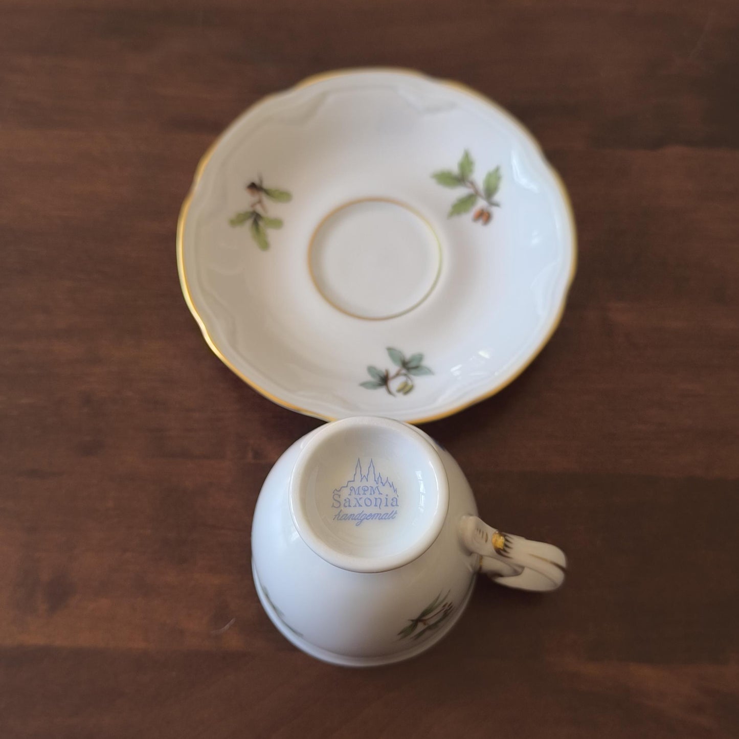 German Porcelain MPM Saxonia Coffee/Tea Cup & Saucer – Hand-Painted Blue Bird, Yellow Flower, 1980s