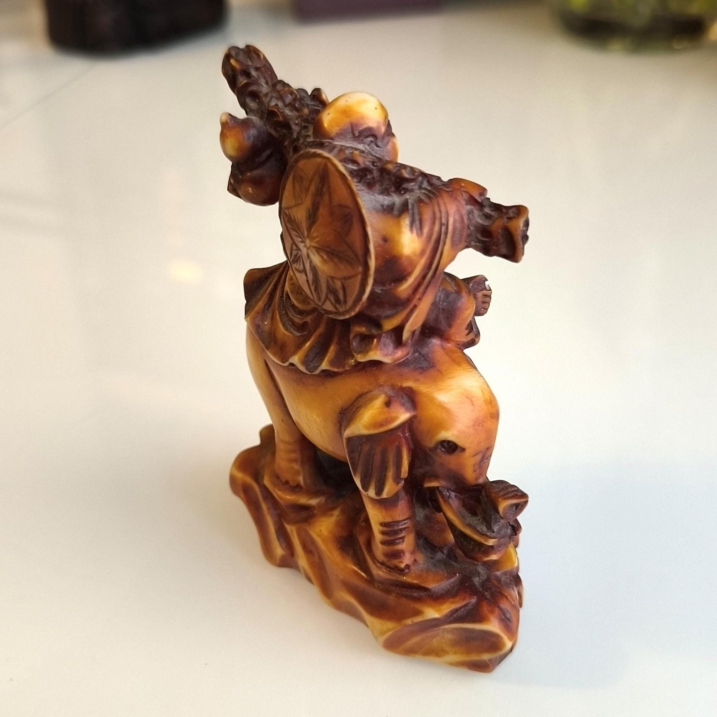 Sitting Buddha on Elephant Statue, Brown Resin 1970s