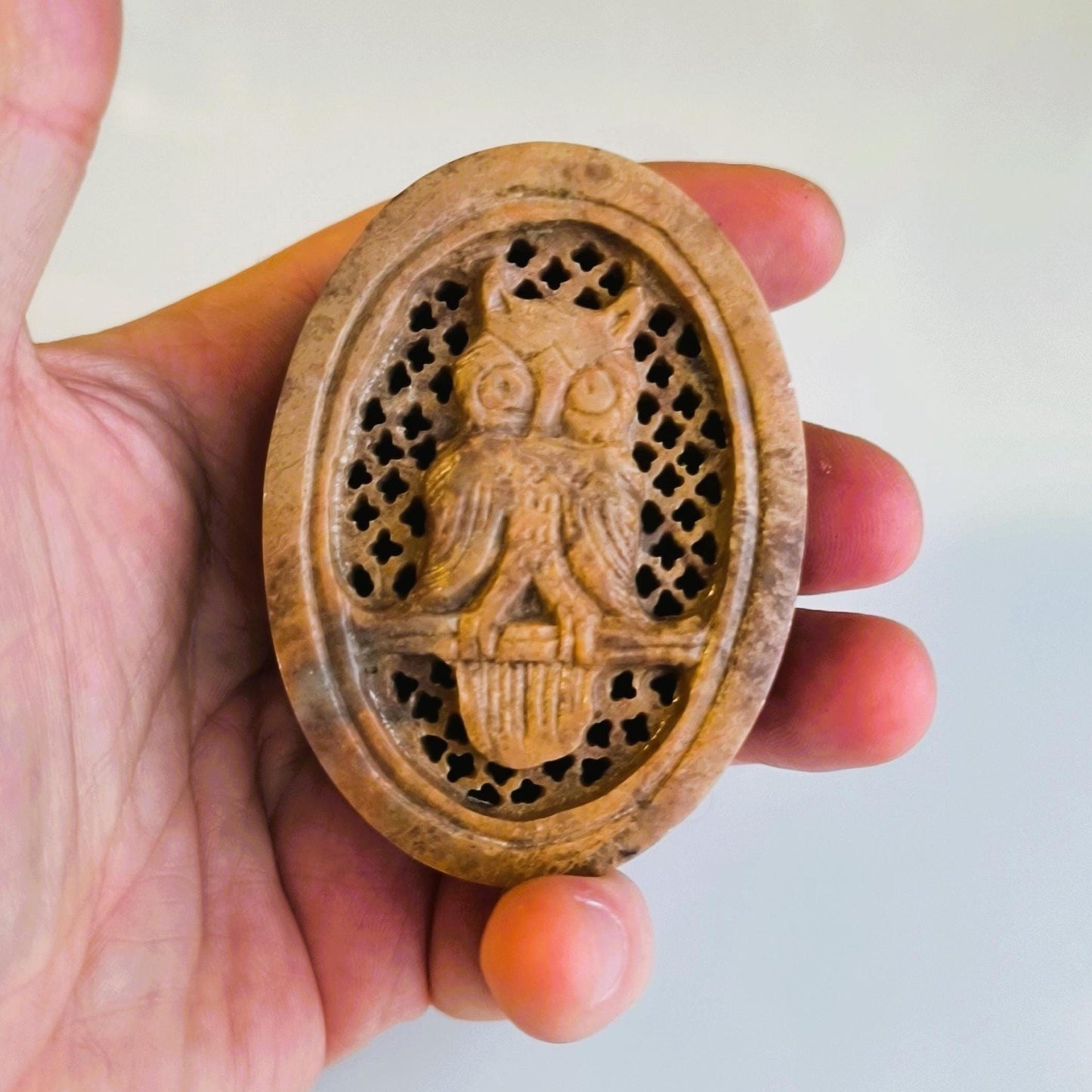 Small Brown Stone Trinket Box with Carved Owl Lid, 1970s