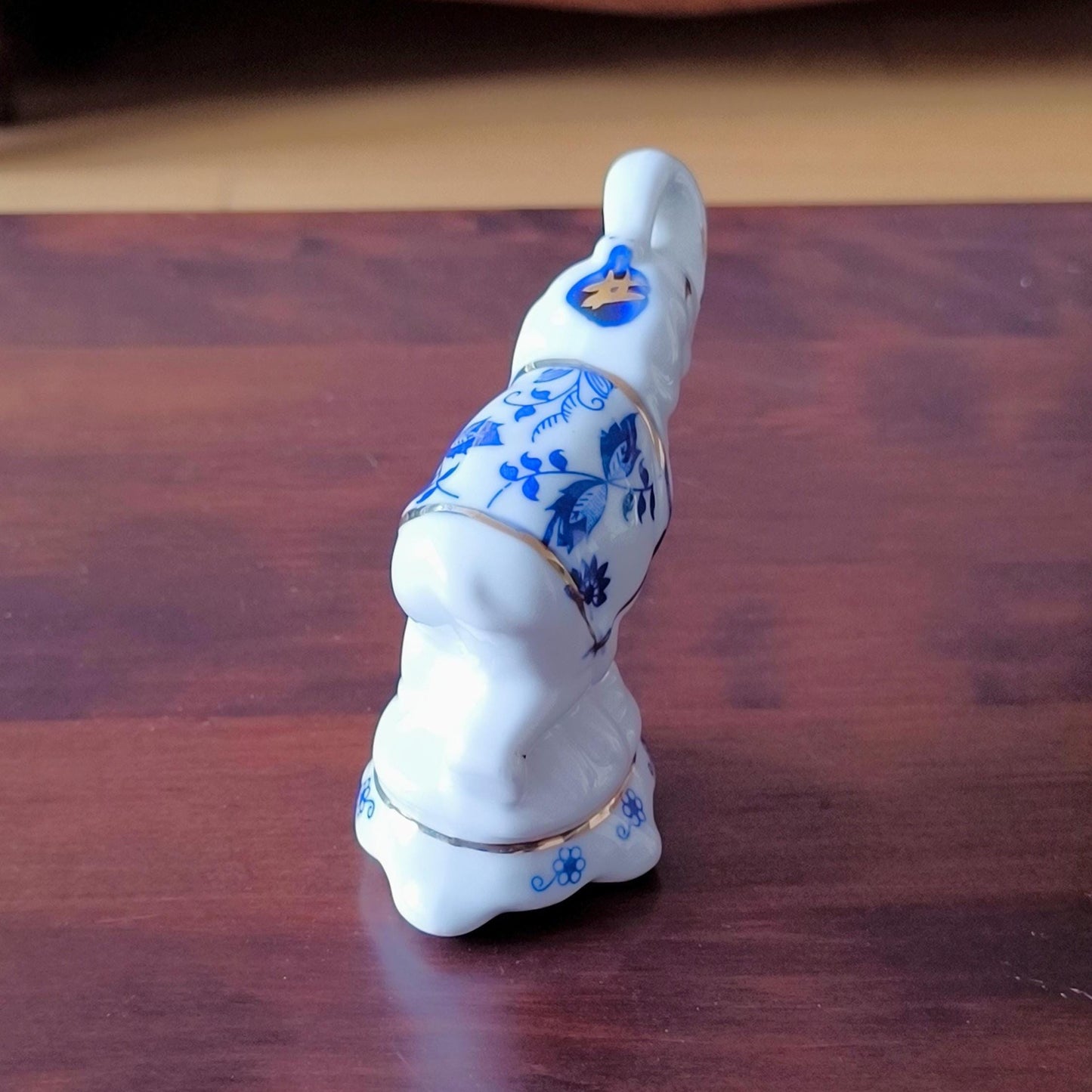 White Porcelain Elephant Figurine With Blue Flowers, Handmade 1970s