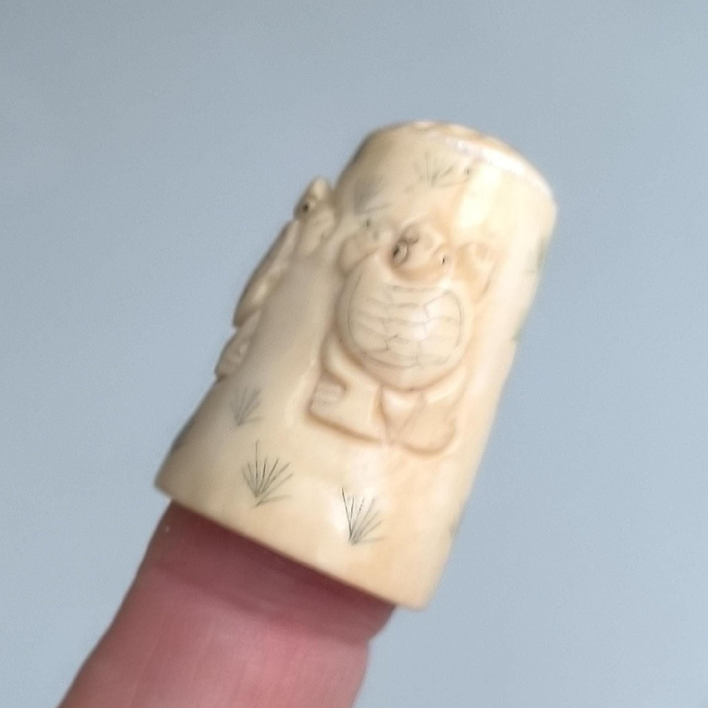 Hand Carved Stone Thimble with Turtle Figurine, 1960