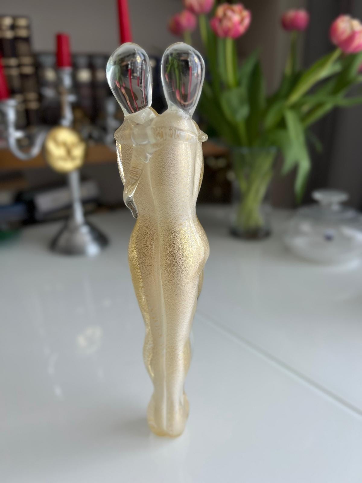 Murano Glass Sculpture "The Lovers", Gold Leaf Italy 1980