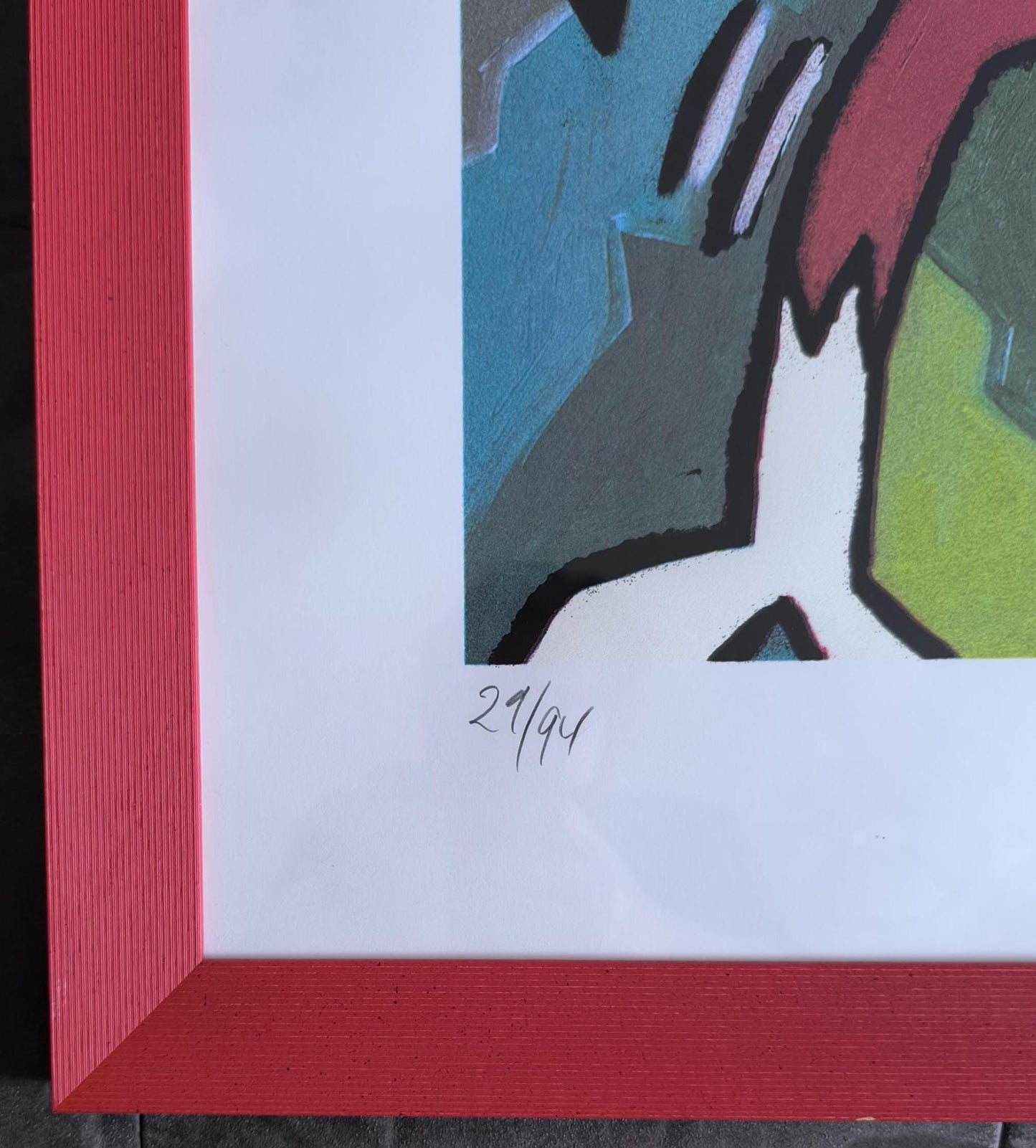 M. F. Husain Lithograph: "Blue Elephant and Red Figure", Signed & Framed