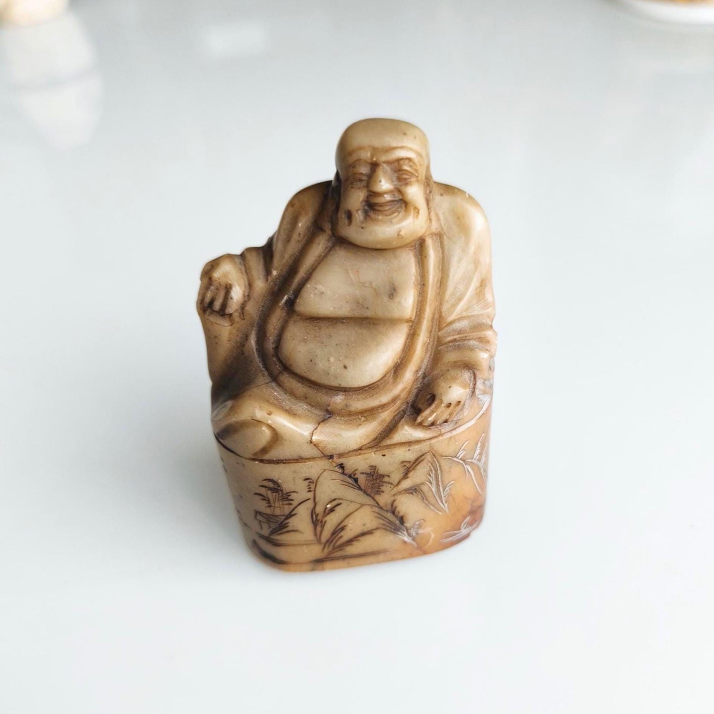 Handmade Brown Stone Sitting Budha Figure Stamp with Dragon and Phoenix, 1970