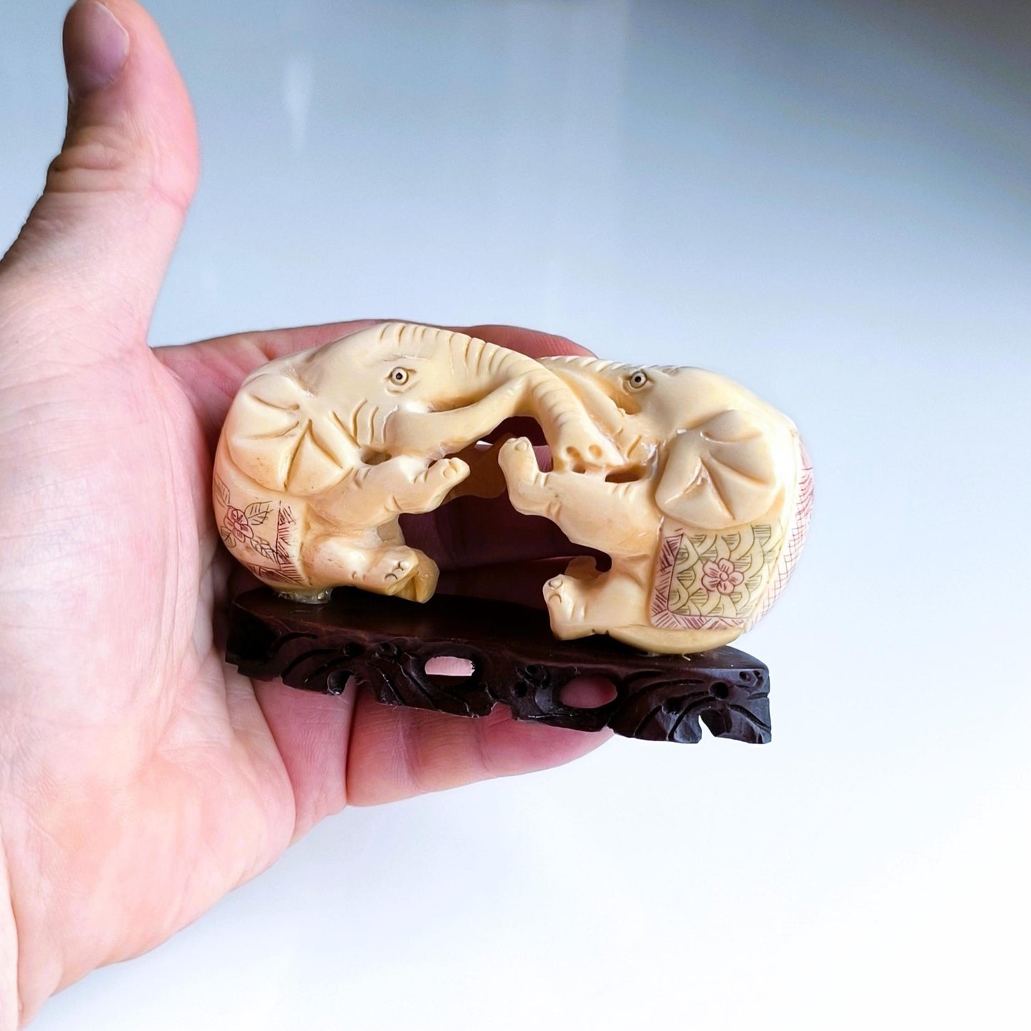 White Stone Two Elephants Sculpture On A Wooden Base, Handmade from 1960s