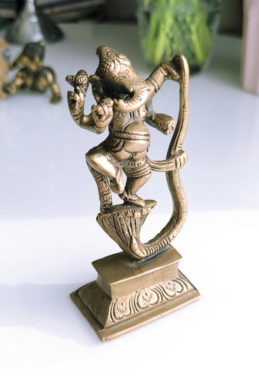 Bronze Dancing Ganesha with Snake, Hindu Elephant God Statue, 1980s