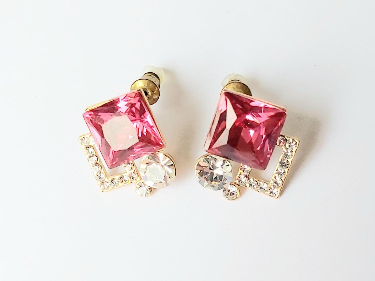 Vintage 14K Gold-Plated Stud Earrings 2000s, Ruby & Diamond Imitation Pair