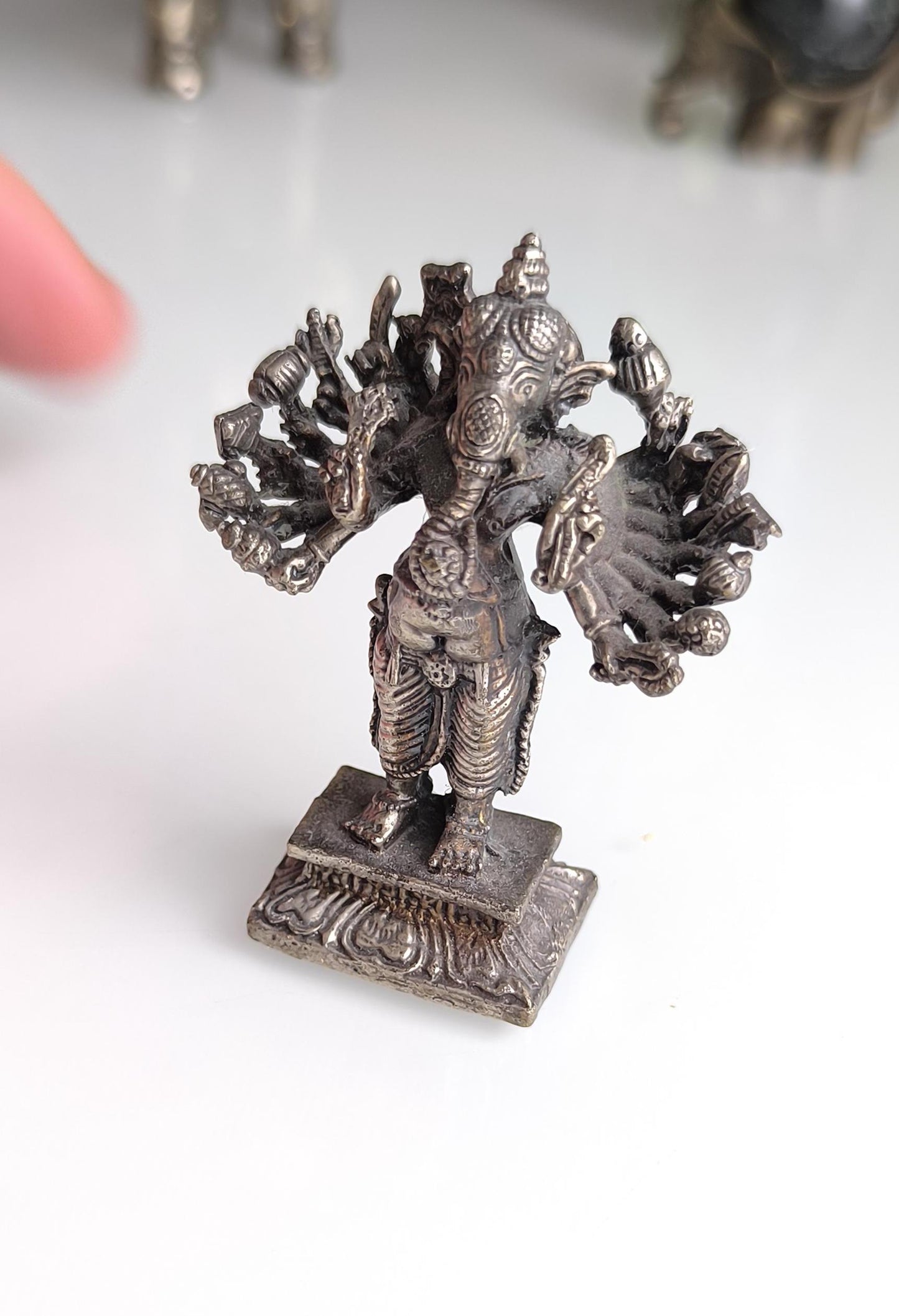 Bronze Silver Tone Small Ganesha Statue with Many Hands – Hindu Elephant Deity, 1970s