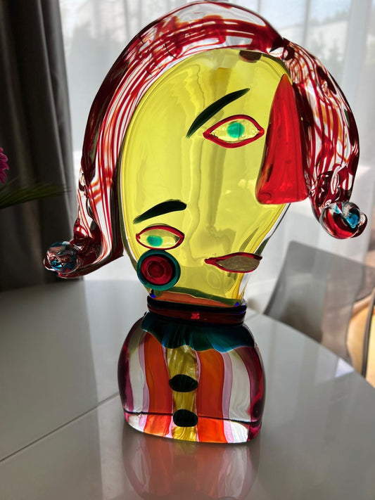 Murano Glass Clown Head Sculpture, Costantini Mario, Signed 2000