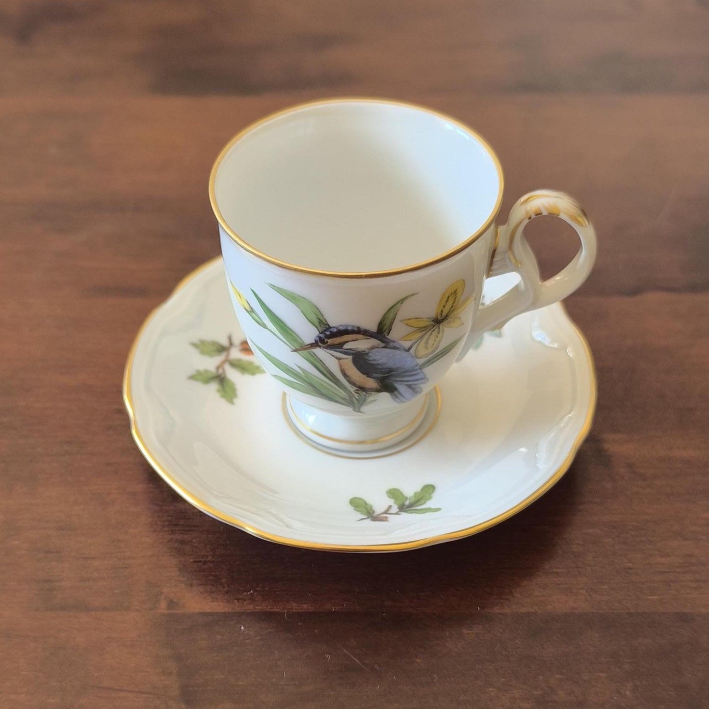 German Porcelain MPM Saxonia Coffee/Tea Cup & Saucer – Hand-Painted Blue Bird, Yellow Flower, 1980s