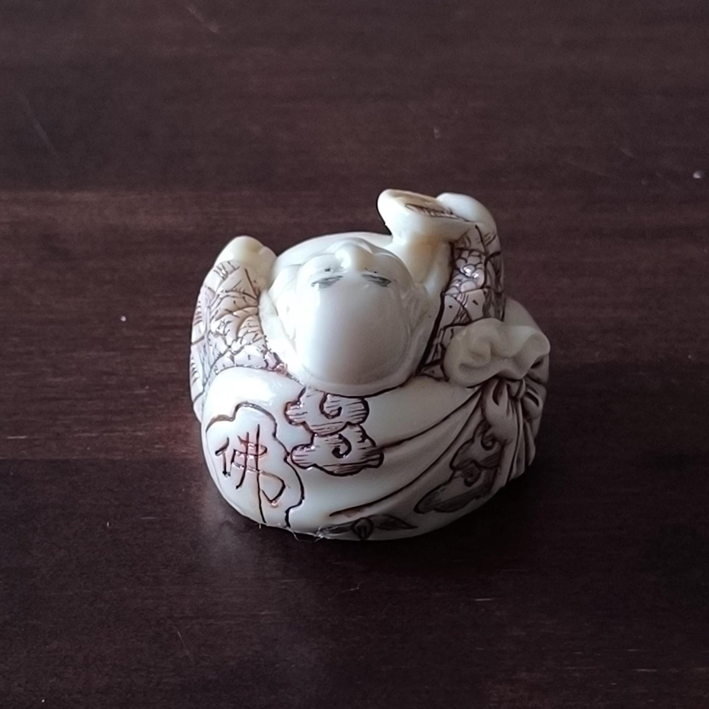 Japanese Resin Netsuke Happy Buddha Figurine Hand Painted, Carved 1970s