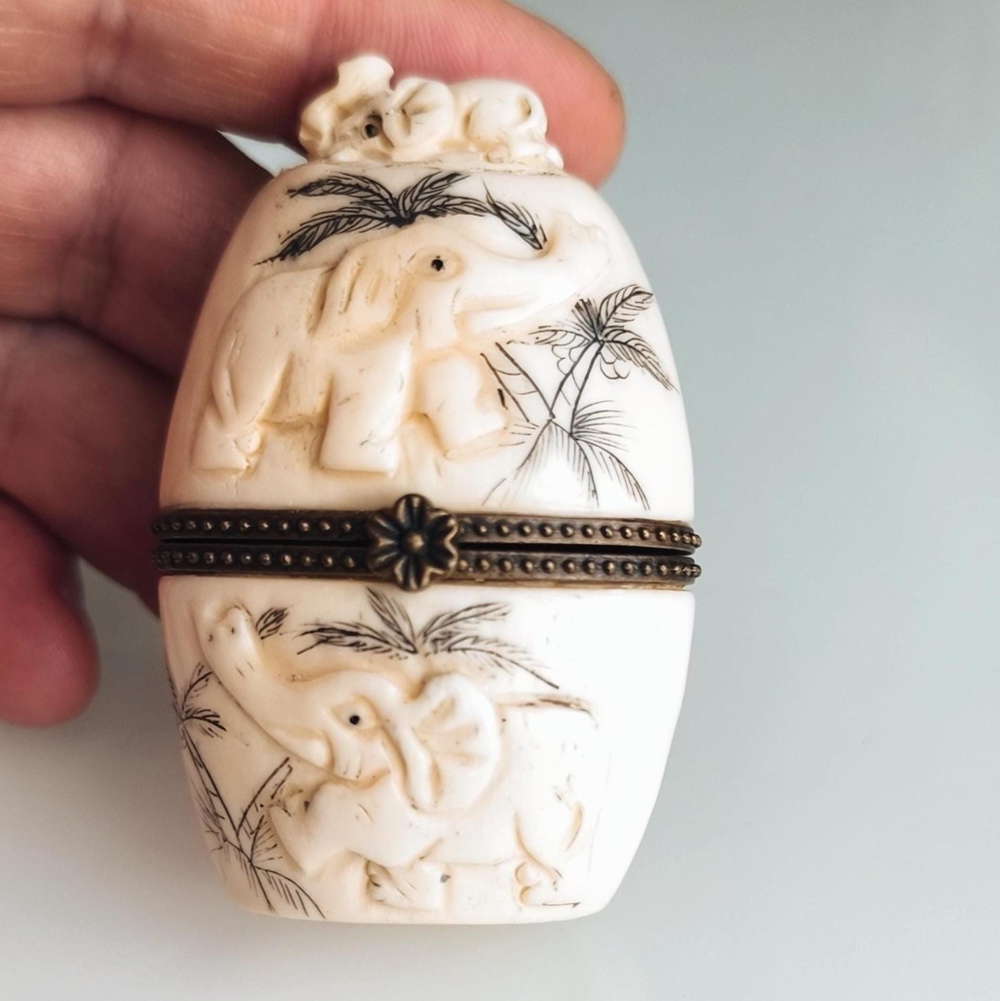 Elephant Trinket Box, White Stone Brass Inlay 1960s