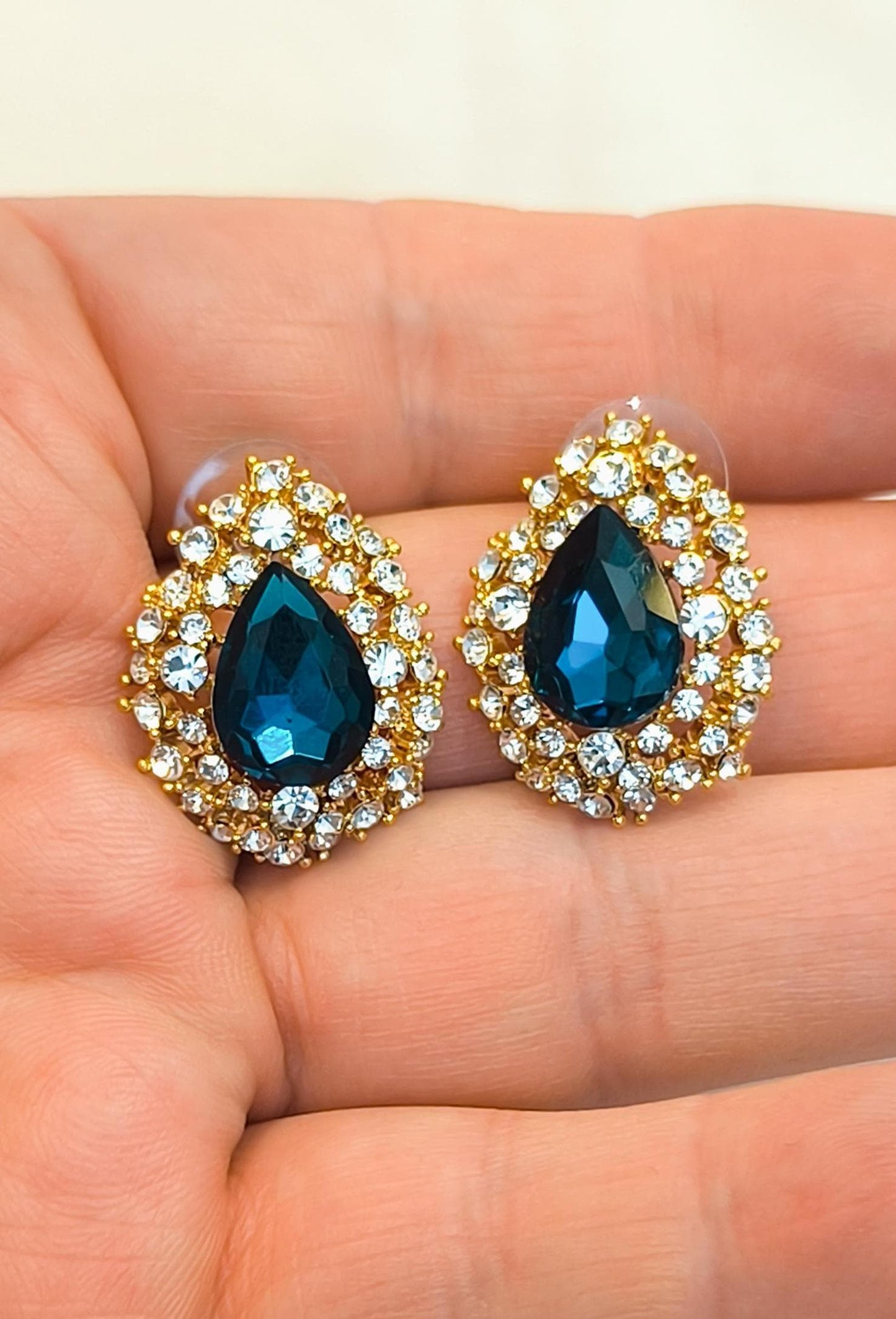Vintage 2000s 14K Gold-Plated Stud Earrings with Blue Drop Swarovski Crystal & Diamond Accents