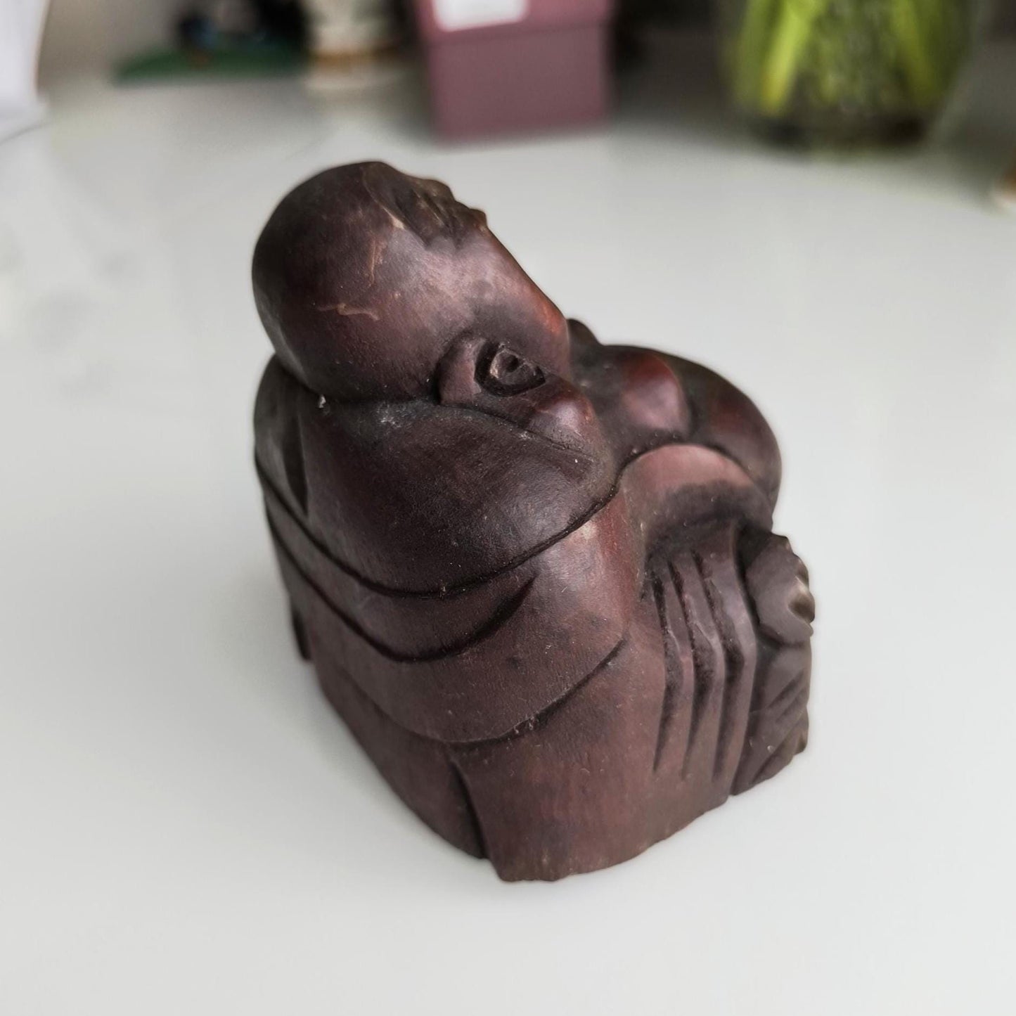 1970 Handmade Wooden Painted Brown Carved Sitting Buddha