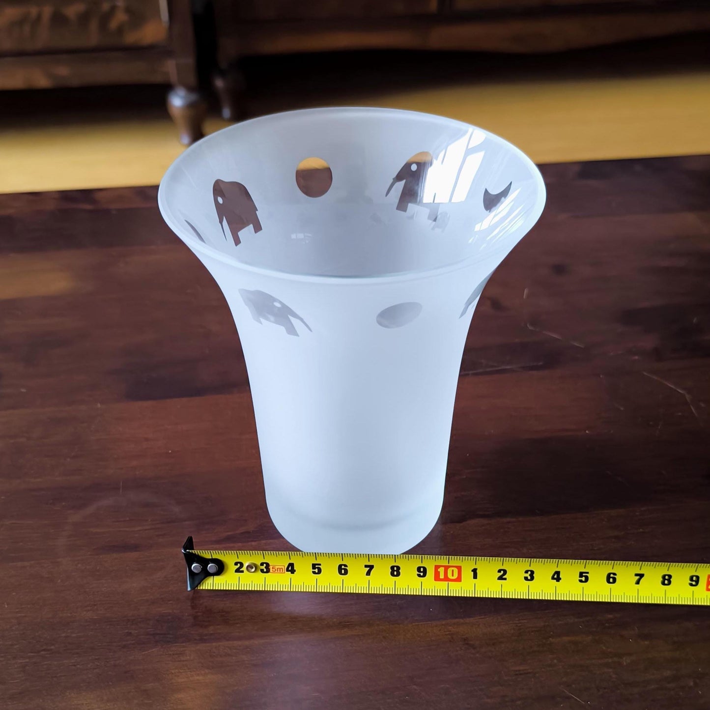 Frosted Glass Vase With Clear Elephant Motive, Postmodern 1980s.