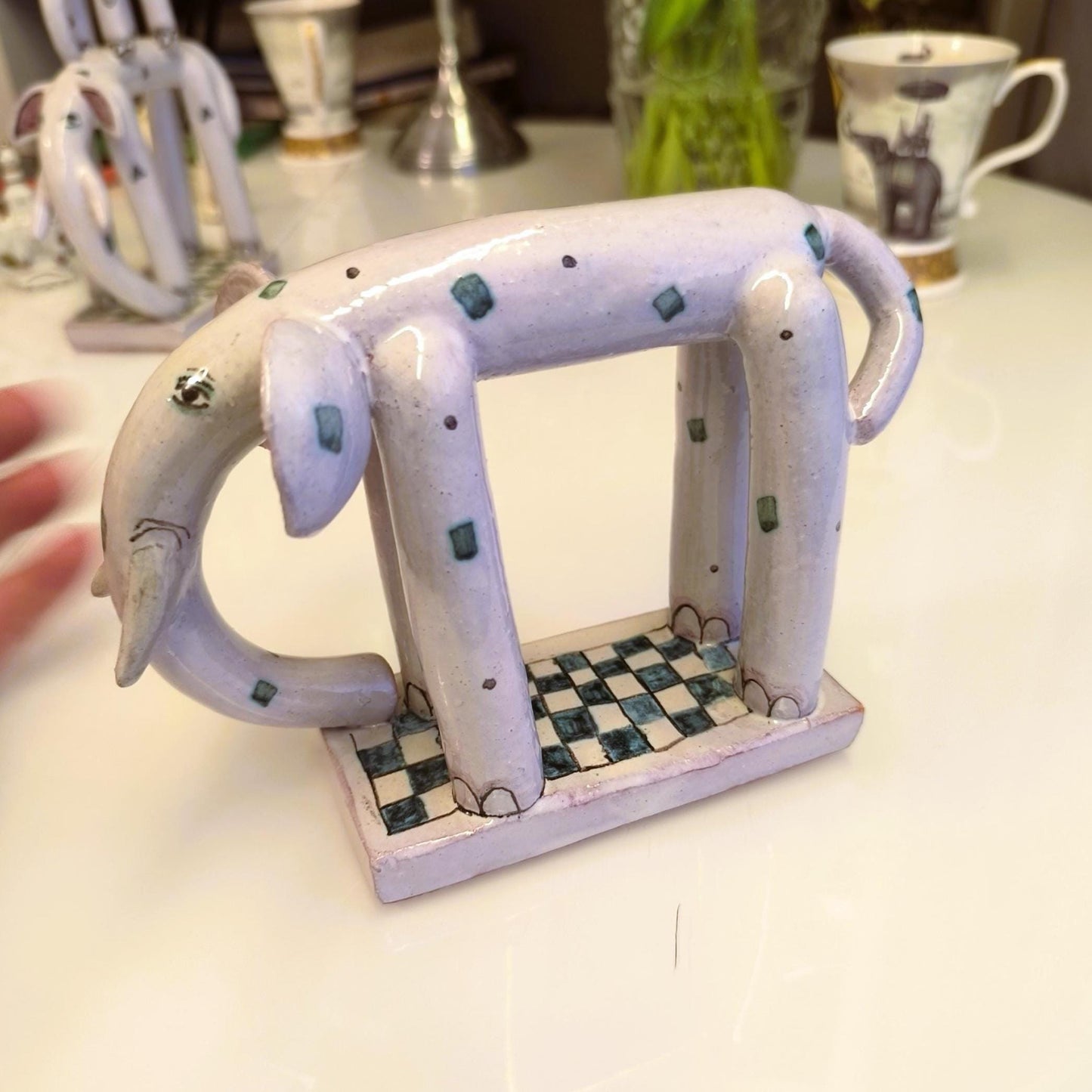 Ceramic Gray Elephants With Ornaments On Base 1970