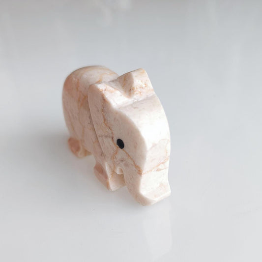Small White Stone Elephant Statue with Black Eyes, Handmade 2000s