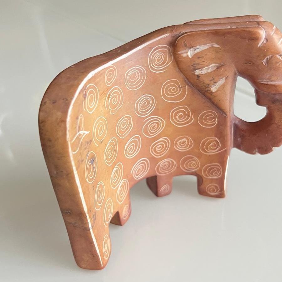 Brown Stone Elephant Carved Figurine Handcrafted 1980s