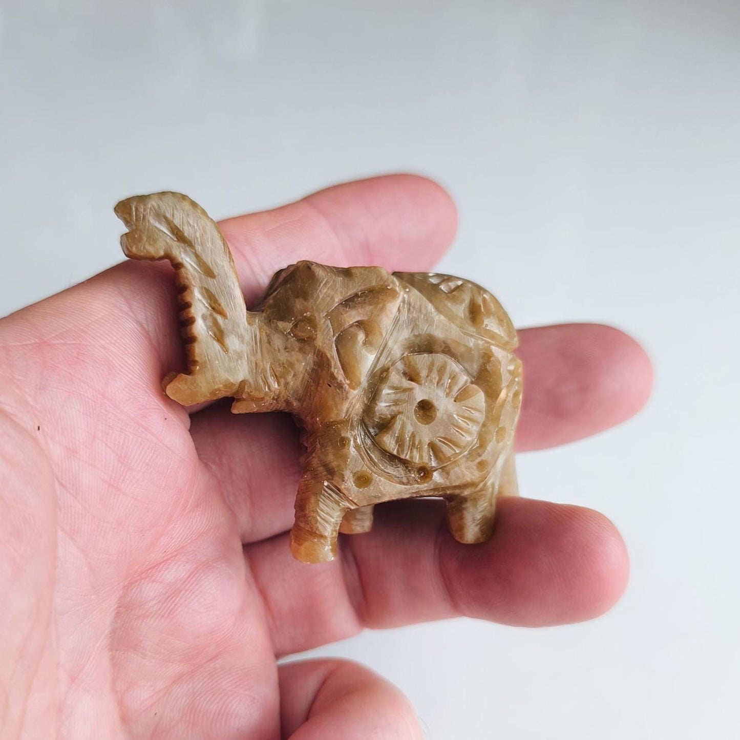 Small Khaki Stone Elephant Raised Trunk Asian Handmade 2000s