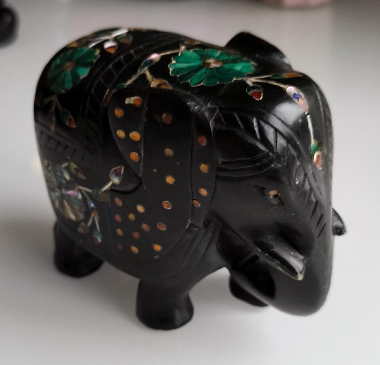 Vintage Black Painted Marble Elephant Statue, Inlaid Gemstones, Handmade 12 cm, 1980s