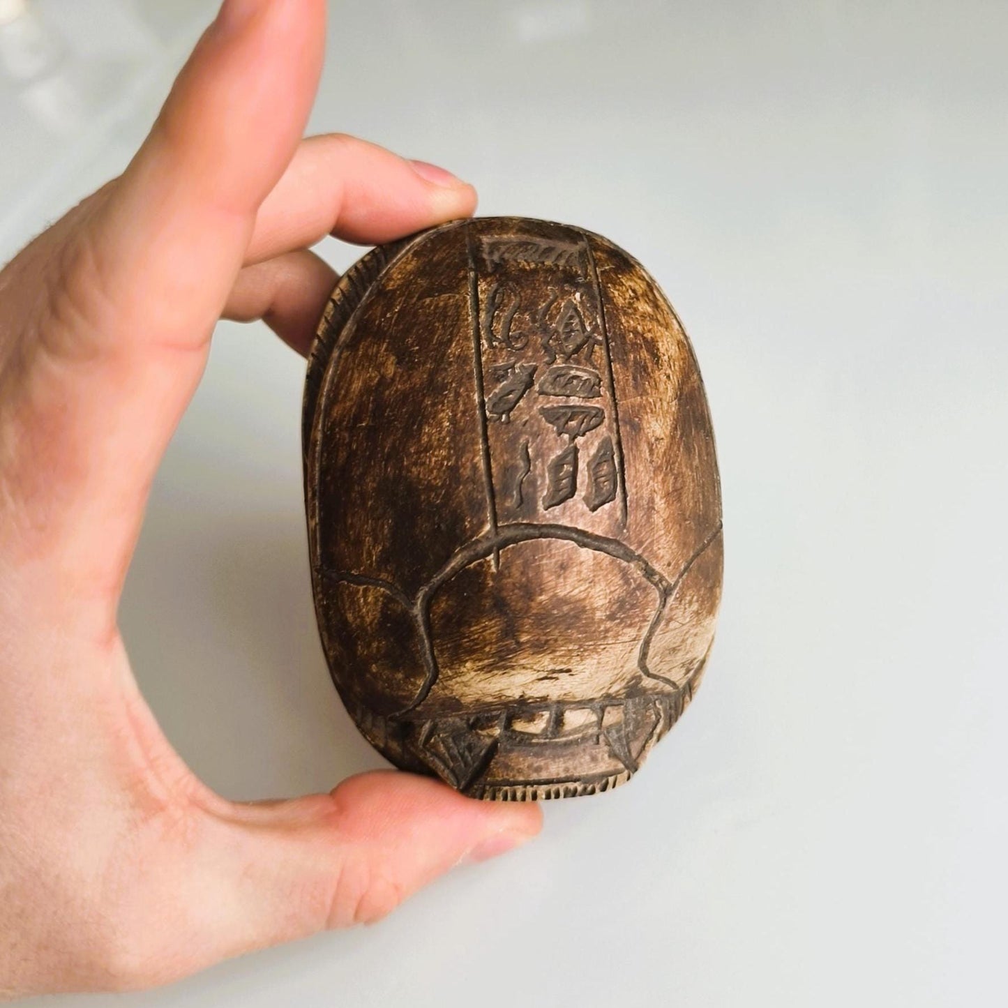 Carved Brown Stone Egyptian Scarab Beetle with Hieroglyphics, 1970s