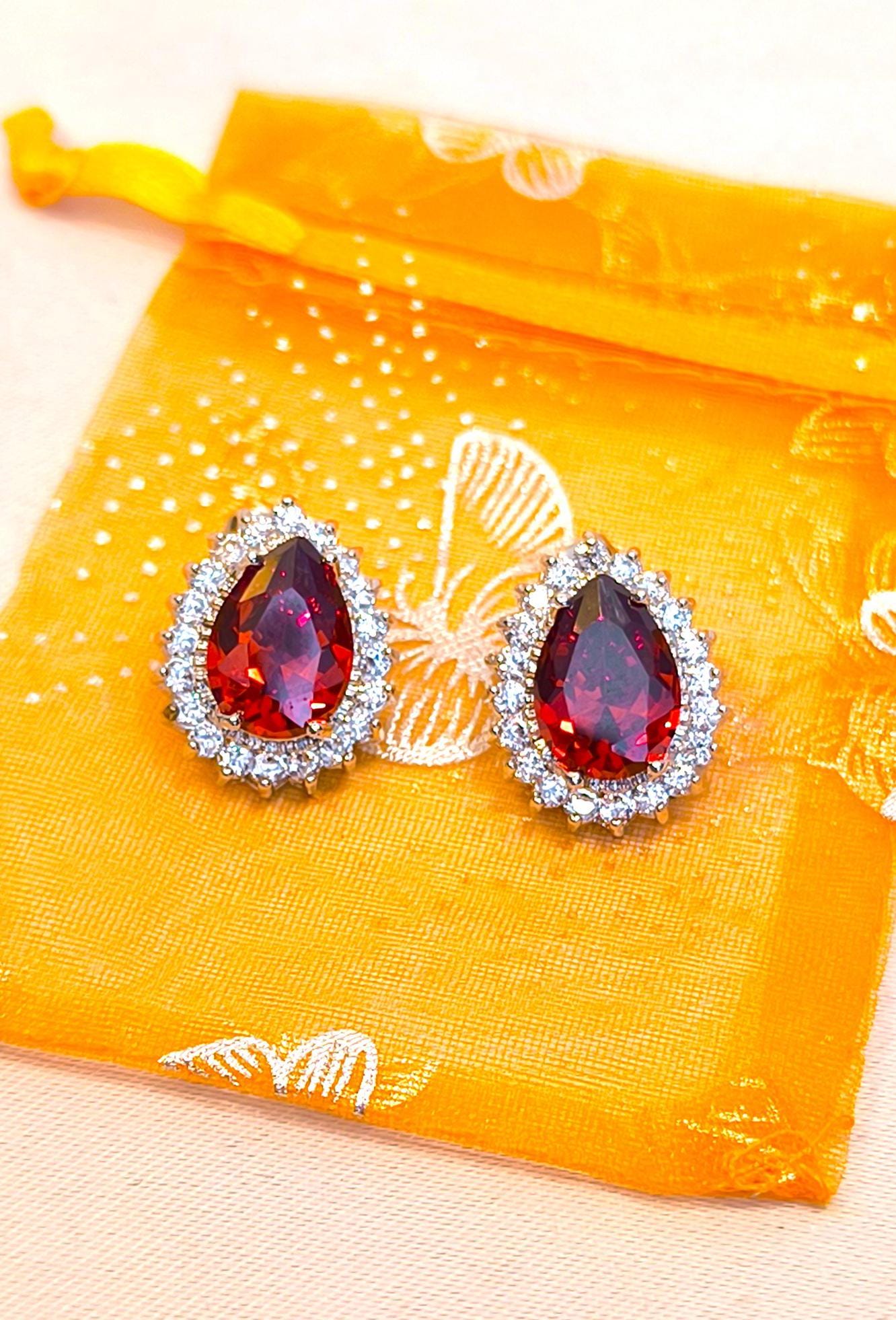 Red Swarovski Crystal Drop Earrings: 14K Gold-Plated, 2000s