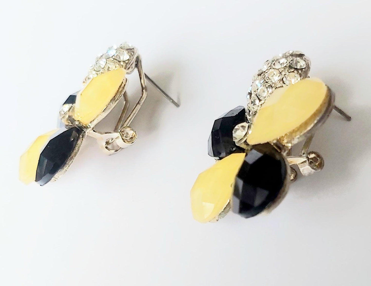 Vintage 2000s Black-Yellow-Clear 14K Gold-Plated Flower Crystal Stud Earrings