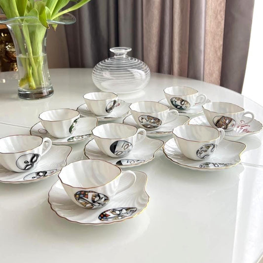 Ancap Verona Porcelain Espresso Cup Set Masks Italy 9 Pieces