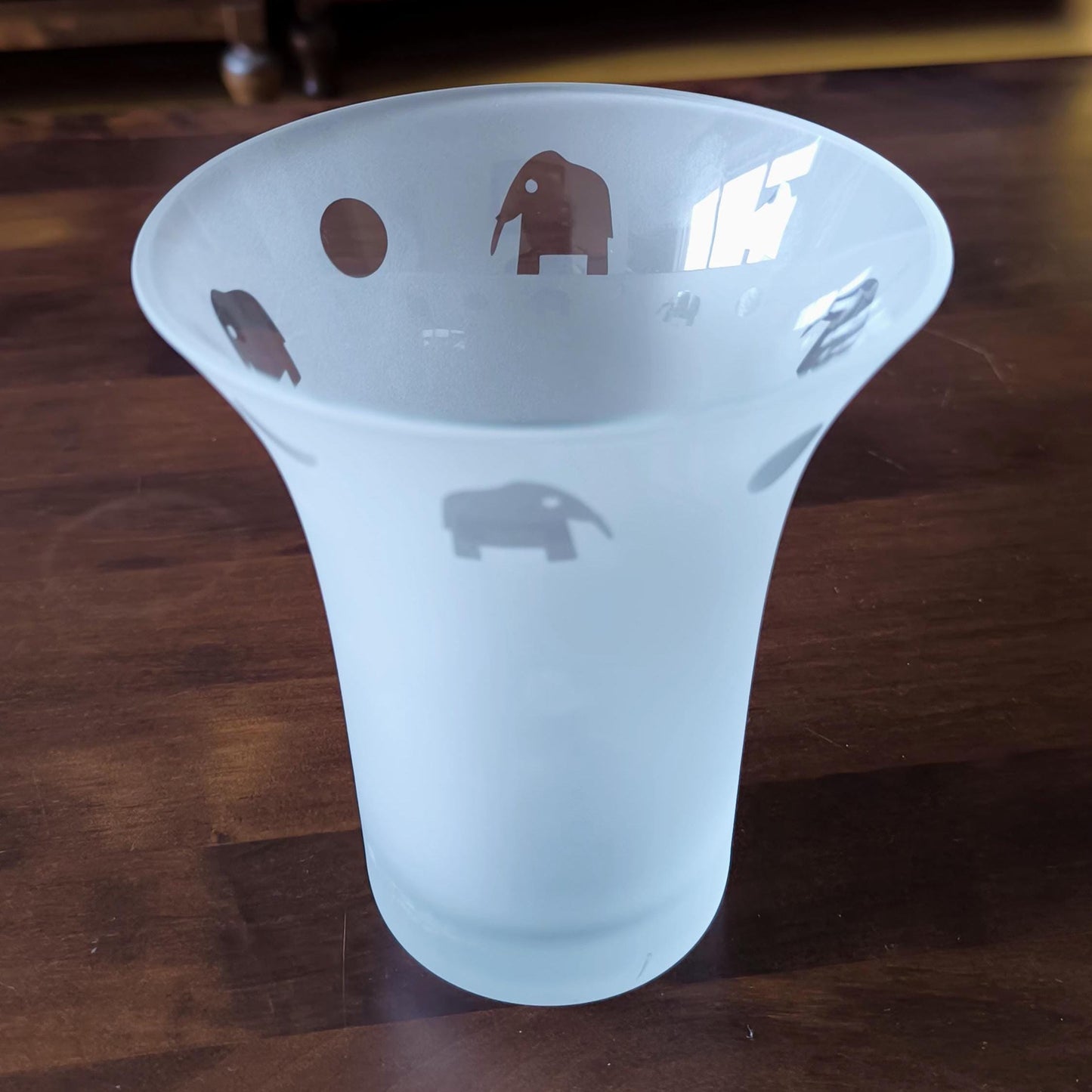 Frosted Glass Vase With Clear Elephant Motive, Postmodern 1980s.