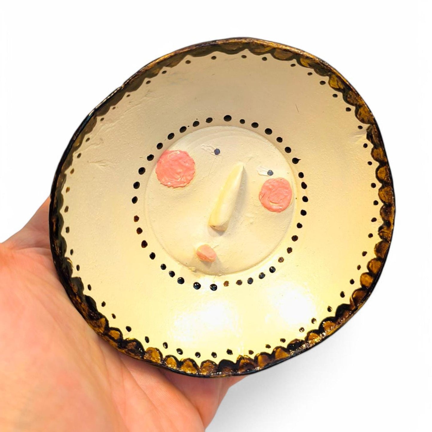 Three Handmade Coconut Shell Bowls on Legs, Hand-Painted, Ceramic Faces