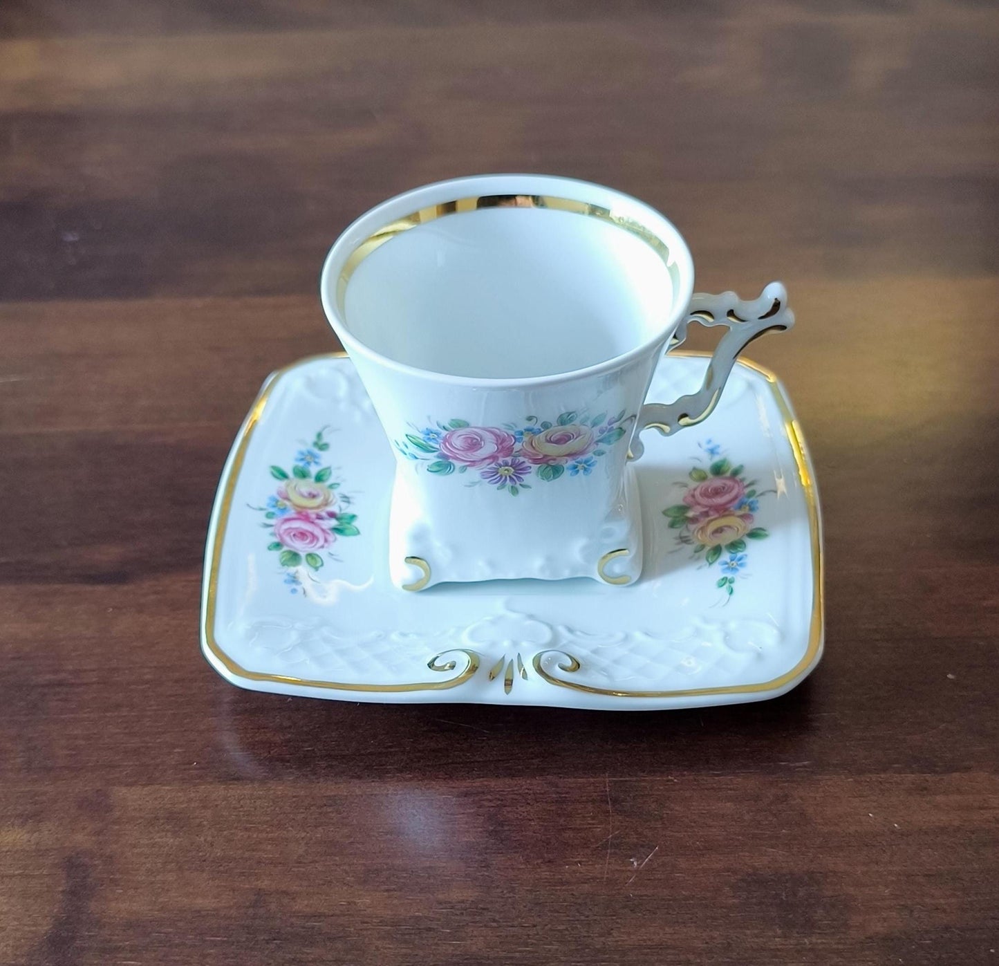 Vintage Gerold Tettau Bavaria Mocha Espresso Cup & Saucer, Floral Porcelain, 1960-1993
