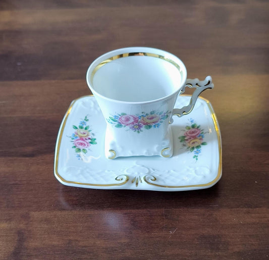 Vintage Gerold Tettau Bavaria Mocha Espresso Cup & Saucer, Floral Porcelain, 1960-1993