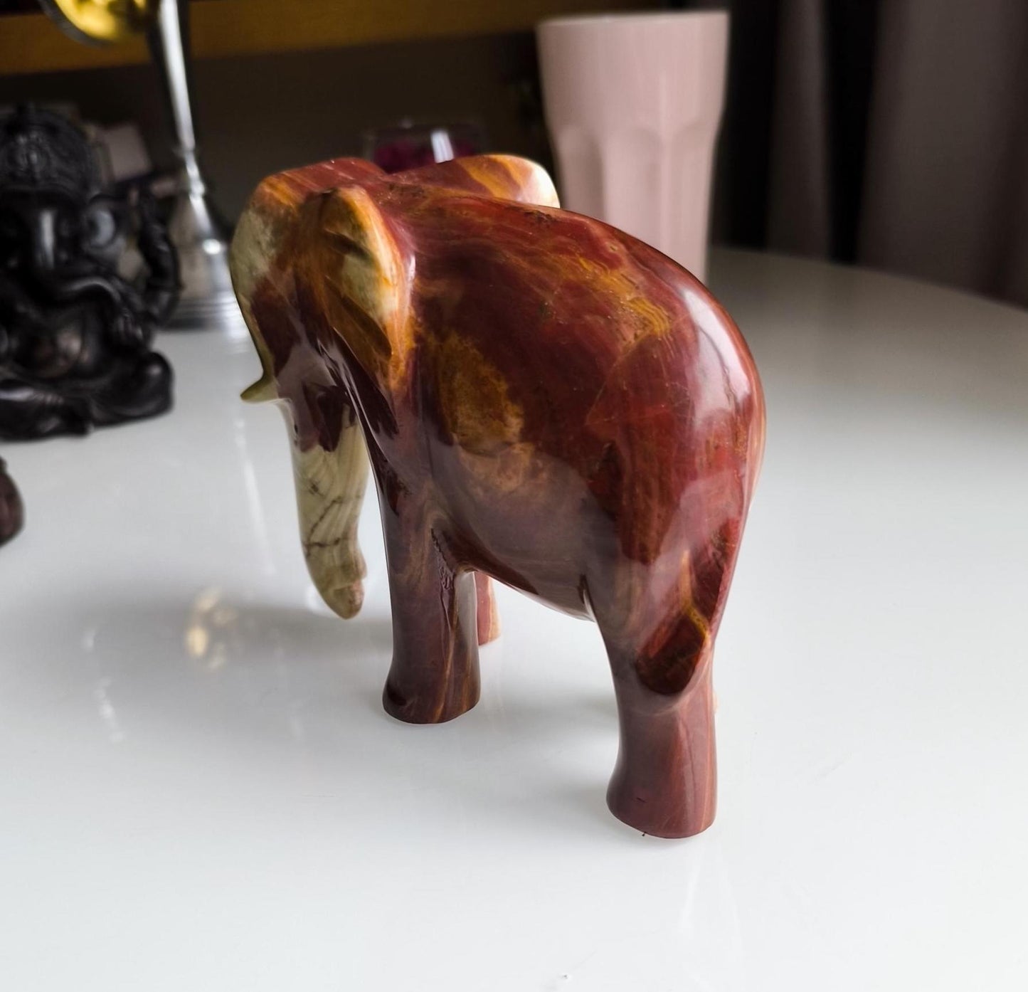 Vintage Handcrafted Onyx Elephant Sculpture, Brown & Green Stone, 16 cm, 1980s